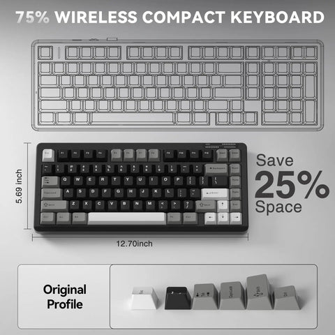 Compact 75 Percent Wireless Mechanical Gaming Keyboard With Hella Smooth Triple Connection Modes And A Massive Ten Thousand Milliamp Hour Battery, top view with dimensions.