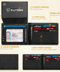 Grab This Slick Slim Bifold Wallet For Men Premium Leather Rfid Blocking Card Holder With Dual Id Windows And Easy Grip Slots Ultra Thin Back Pocket Friendly Everyday Carry Essentials Gift Box Included, showcasing dual ID windows and 13 card slots.