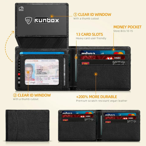 Grab This Slick Slim Bifold Wallet For Men Premium Leather Rfid Blocking Card Holder With Dual Id Windows And Easy Grip Slots Ultra Thin Back Pocket Friendly Everyday Carry Essentials Gift Box Included, showcasing dual ID windows and 13 card slots.