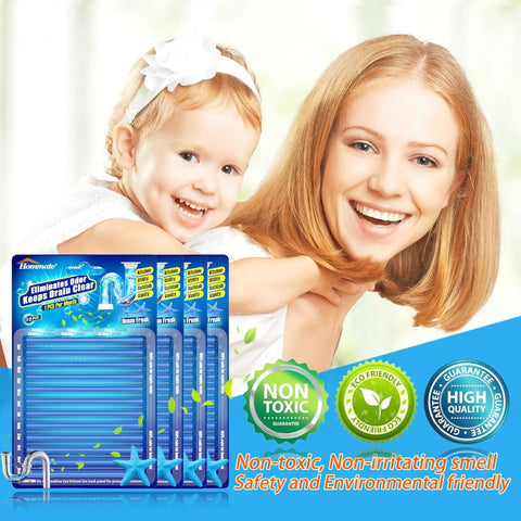 Power Enzyme Drain Cleaner Sticks package with smiling mother and child, ideal for kitchen and bathroom drains.