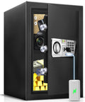 2.5 Cu Ft Fireproof Safe Box For Home Documents With Type C External Power And Electronic Keypad Steel Security Safe With Sensor Light Removable Shelf Ideal For Cash Jewelry And Valuables showing contents including jewelry, cash, and electronics.