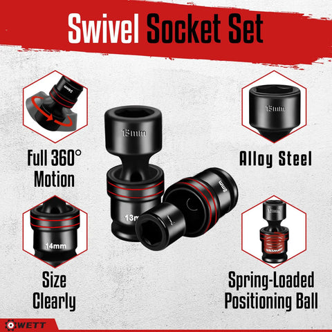 Three-Eighths Inch Drive Shallow Impact Universal Joint Socket Set, 15-Piece, Metric Swivel Sockets From 8mm To 22mm displayed