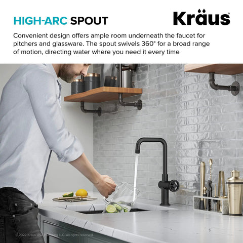Person using Urbix Industrial Single Handle Bar Kitchen Faucet In Matte Black With Diamond Textured Accents Compact Design
