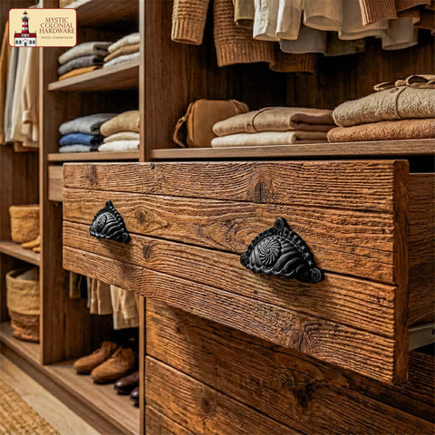 Matte Black Cup Drawer Pulls For Cabinets And Kitchen, Mystic Colonial Style on wooden dresser, 3.7x2.1 cast iron