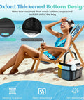 Woman on beach with Durable Mesh Shower Caddy With Nine Pockets, showcasing Oxford thickened bottom design