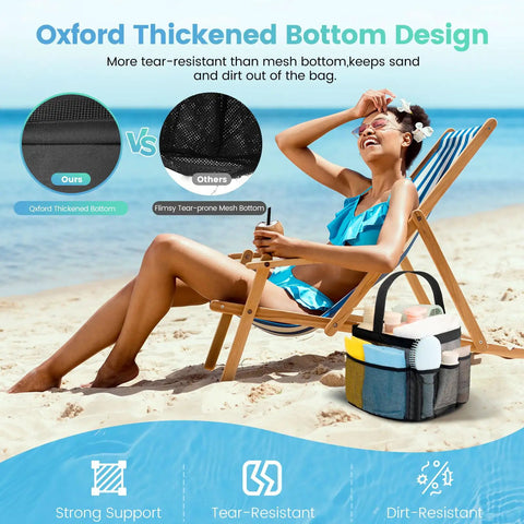 Woman on beach with Durable Mesh Shower Caddy With Nine Pockets, showcasing Oxford thickened bottom design