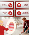 Man applying Heavy Duty Double Sided Carpet Tape For Rugs And Runners in living room; strong adhesion graphics above.
