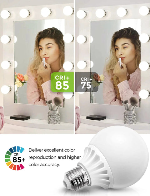 Woman using Six Pack G25 LED Vanity Bulbs For Makeup Mirror Glam Up Your Vanity 500 Lumens 40 To 45W Equivalent E26 Edison Base.