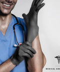 Heavy Duty Black Nitrile Gloves 4 Mil Large 100 Count Powder Free Latex Free worn by a medical professional.