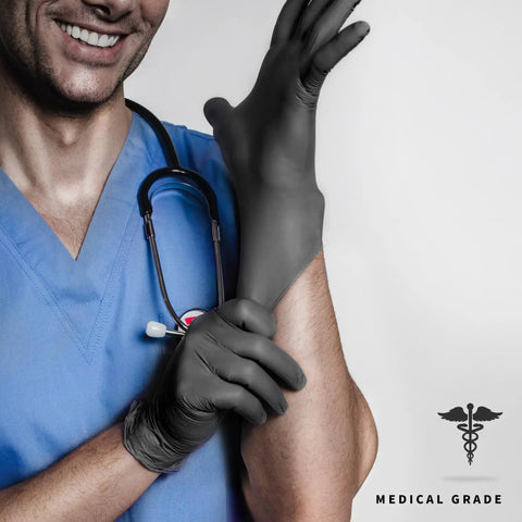 Heavy Duty Black Nitrile Gloves 4 Mil Large 100 Count Powder Free Latex Free worn by a medical professional.