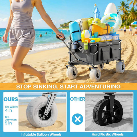Beach Wagon With Balloon Wheels For Sand, 240L Collapsible Wagon, Wide 9 By 4 Inch Wheels, 450 Lb Heavy Duty Beach Cart