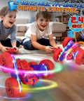 Two children playing with Spider Themed RC Car For Kids 4-8, 2.4GHz Remote Control With 26 LED Lights, 360 Degree Flips