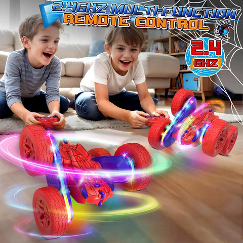 Two children playing with Spider Themed RC Car For Kids 4-8, 2.4GHz Remote Control With 26 LED Lights, 360 Degree Flips
