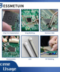 Collage of tech processes including chip implantation, welding, SMD removal using Desoldering Wick And Soldering Flux Paste For Electronics Repair No Clean Flux 10cc Solder Removal Kit With Low Residue For Fast No Fuss Desoldering On Circuit Boards And Hobbyist Electronics Projects.