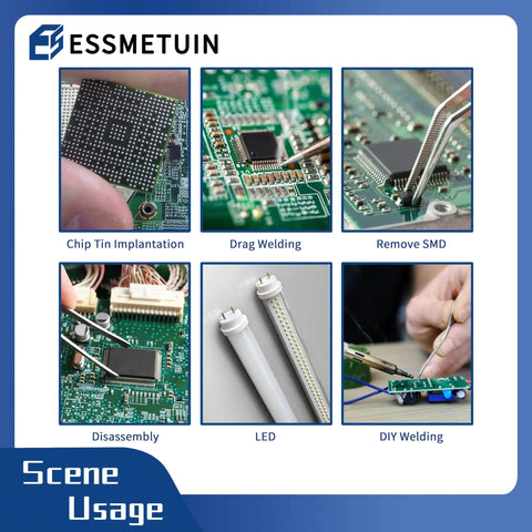 Collage of tech processes including chip implantation, welding, SMD removal using Desoldering Wick And Soldering Flux Paste For Electronics Repair No Clean Flux 10cc Solder Removal Kit With Low Residue For Fast No Fuss Desoldering On Circuit Boards And Hobbyist Electronics Projects.