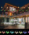 96 Foot Solar Outdoor String Lights With 30 Shatterproof Edison LEDs vibrant colors over patio