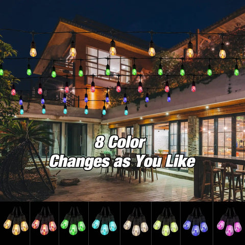 96 Foot Solar Outdoor String Lights With 30 Shatterproof Edison LEDs vibrant colors over patio