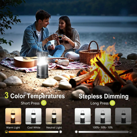 Couple camping with Ultra Bright LED Camping Lanterns 4 Pack For Power Outages with 3 color modes, IPX4 waterproof, by campfire.