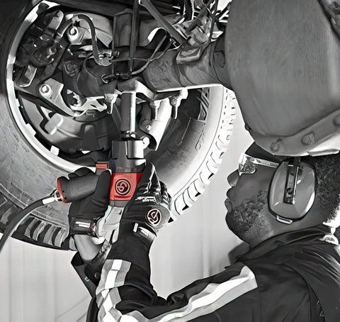 Mechanic using 1/2 Inch Air Impact Wrench Packin 960 Ft Lbs Of Raw Torque for tire removal under vehicle.