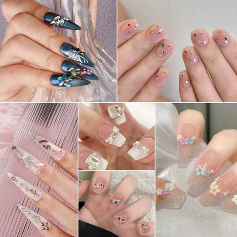 Glam Up Your Nails With This All In One Nail Art Kit Featuring Colorful Rhinestones and Flowers on Various Nail Designs