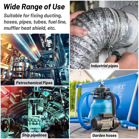 Uses of Heavy Duty Adjustable Hose Clamp Kit 304 Stainless Steel Band 14.7 Ft Duct Strapping With Holes And 10 Strong Fasteners