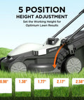 Cordless Electric Lawn Mower With Brushless Motor showing 5 position height adjustment from 1 to 2.5 inches on grass