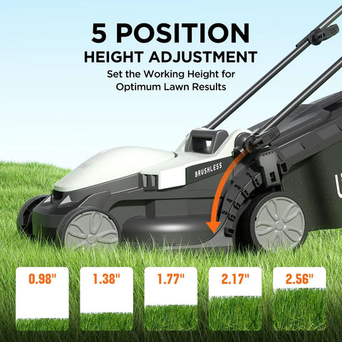 Cordless Electric Lawn Mower With Brushless Motor showing 5 position height adjustment from 1 to 2.5 inches on grass