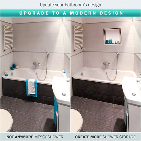Bathroom before and after with 12x12 Inch Stainless Steel Shower Niche, Modern Waterproof In Wall Shelf for neat storage