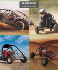 Collage of go karts on sand and desert terrain featuring various models and riders in action.