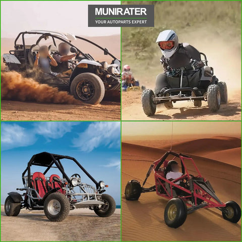 Collage of go karts on sand and desert terrain featuring various models and riders in action.