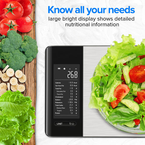 Your Kitchen Sidekick Smart Scale With Nutritional Calculator And Free App For Tracking 19 Nutrients, showing salad and display