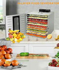 Big Batch Commercial Grade Electric Digital Food Dehydrator With Heavy Duty Trays For Fresh Fruits Veggies And Homemade Pet Jerky 1000 Watt 110 Volt Powerhouse Machine with 16 trays filled with drying fruits.