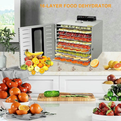 Big Batch Commercial Grade Electric Digital Food Dehydrator With Heavy Duty Trays For Fresh Fruits Veggies And Homemade Pet Jerky 1000 Watt 110 Volt Powerhouse Machine with 16 trays filled with drying fruits.