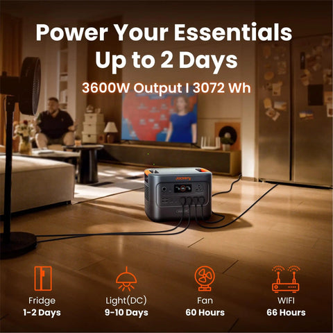HomePower 3000 Portable Power Station With 2X 200W Solar Panels in living room powering appliances