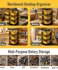 Rotating 360 Degree Screw And Bolt Organizer With 12 Small Parts Bins displayed in various settings including workshop and garage.