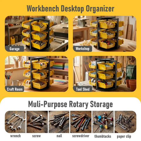 Rotating 360 Degree Screw And Bolt Organizer With 12 Small Parts Bins displayed in various settings including workshop and garage.
