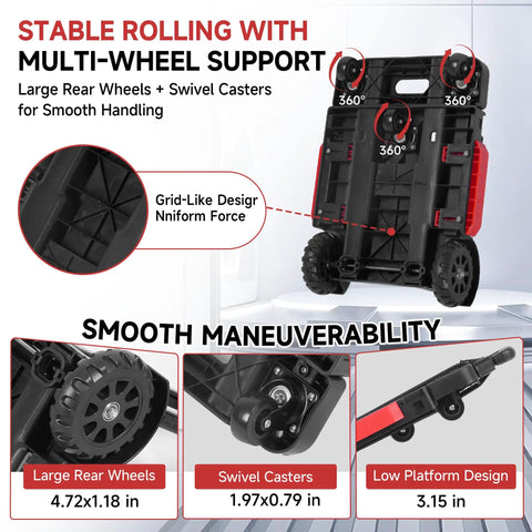 Heavy Duty Folding Hand Truck And Portable Utility Cart With 220 Pound Capacity For Zero Trouble Moving Heavy Lifting Shopping Runs And Snappy Fold Away Storage with large wheels and swivel casters.