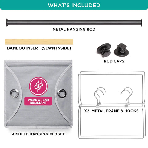 Components of Two In One Hanging Closet Organizer With Built In Garment Rod And Four Spacious Shelves Heavy Duty 600D Fabric