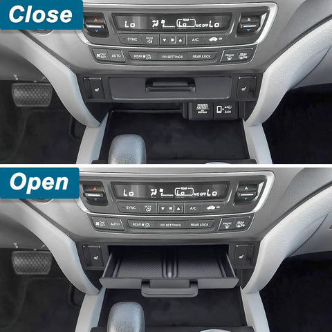 Removable Center Console Tray Organizer opened and closed view in Honda Pilot 2016-2022, Ridgeline 2017-2026, Passport 2019-2025