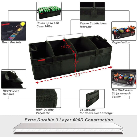 Heavy Duty Trunk Organizer With No Slip Rigid Base 70 Pound Capacity 30 By 15 Inches Black Double Pack Durable 600D Canvas With Waterproof Backing Infinitely Adjustable Dividers For Cars SUVs And Minivans, featuring mesh pockets, handles, and Velcro dividers