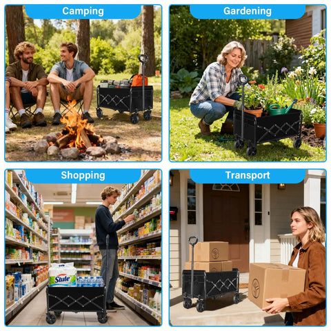 Foldable Collapsible Wagon Cart With Wheels That Holds Up To 360 Lbs in use for camping, gardening, shopping, and transport scenarios.