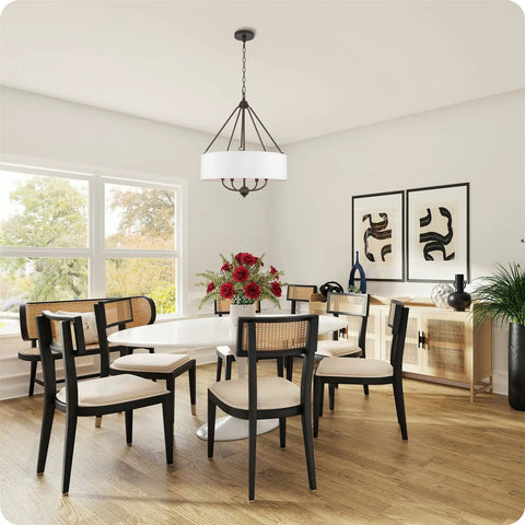 Beatrix 26 Inch Traditional 5 Light Chandelier With Adjustable Chain Link Hanging Light And White Linen Drum Shade In Oil Rubbed Bronze Finish For A Timeless Classic With A Modern Twist Dining Room Or Foyer Vibe over dining table