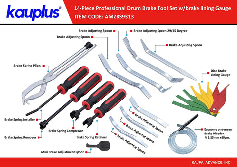 14-Piece Drum Brake Service Tool Set With Brake Lining Gauge And TPR Grip Spring Tools For Adjustment Removal And Installation On Most Domestic And Import Vehicles Including A Variety Of Spring Pliers And Removal Tools