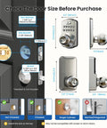 Keyless Entry Door Lock With Keypad And Handle, Hassle Free No Key Needed Digital Smart Knob For Front Door And Bedroom, Easy Install, Auto Lock, Passage Mode, Anti Peep Password, Satin Nickel Finish showing dimensions and door compatibility.