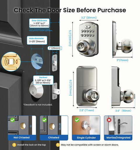 Keyless Entry Door Lock With Keypad And Handle, Hassle Free No Key Needed Digital Smart Knob For Front Door And Bedroom, Easy Install, Auto Lock, Passage Mode, Anti Peep Password, Satin Nickel Finish showing dimensions and door compatibility.