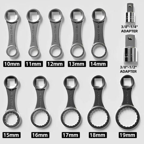 12-Piece CR-MO Metric Torque Wrench Adapter Kit 10 to 19mm with adapters, 12-point extensions shown front view