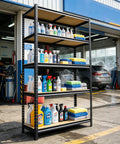 Top Shelf Heavy Duty Five Tier Garage Storage Rack With Adjustable Steel Uprights And Durable MDF Boards Delivering Two Thousand Pounds For Workshop Gear And Essentials with cleaning supplies and towels.