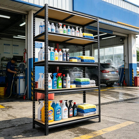 Top Shelf Heavy Duty Five Tier Garage Storage Rack With Adjustable Steel Uprights And Durable MDF Boards Delivering Two Thousand Pounds For Workshop Gear And Essentials with cleaning supplies and towels.