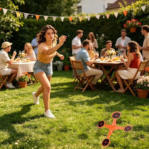 Woman playing with Heavy Duty Spinning Target With Thickened Roller For Indoor Outdoor Fun Includes 10 Paper Pellet Sheets Built Tough For Backyard Park Camping And Family Games at a garden party.