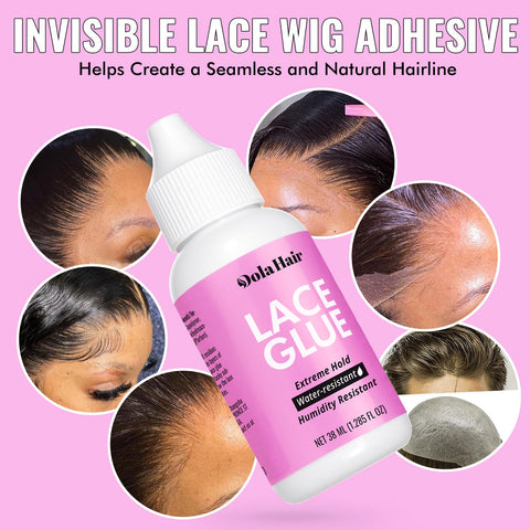 Extreme Hold Lace Wig Glue Waterproof Bonding Adhesive For Wigs With Clear Drying Formula Invisible Bond Stays Put bottle and examples